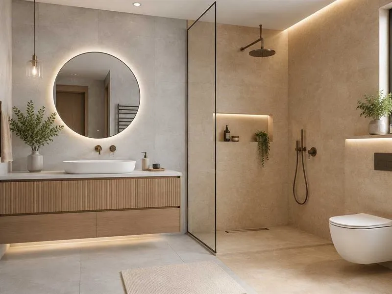 Bathroom with wall tiles, glass shower partition, mirror, washbasin and toilet