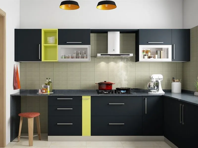 Modular kitchen with cabinets, chimney, hob and tiled wall
