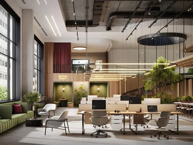 Open office with workstations, chairs, glass partitions and large windows