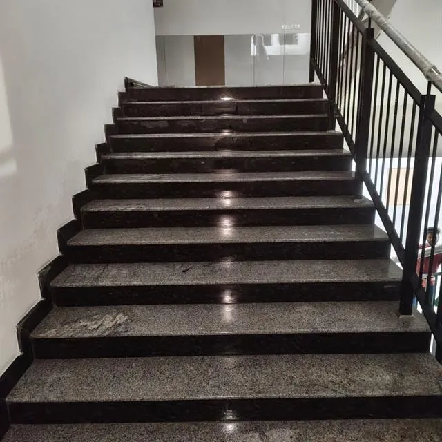 Polished granite staircase with metal railing